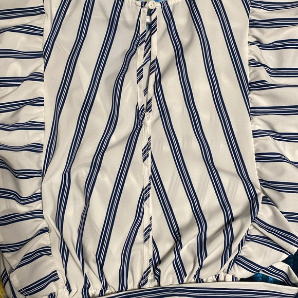 Blue and White Striped Jumpsuit with Ruffled Shoulders and Tie Waist - Picture 9 of 13